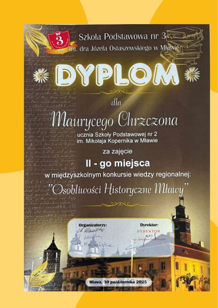 Drugie miejsce w konkursie wiedzy regionalnej „Osobliwości historyczne Mławy” dla ucznia SP2
